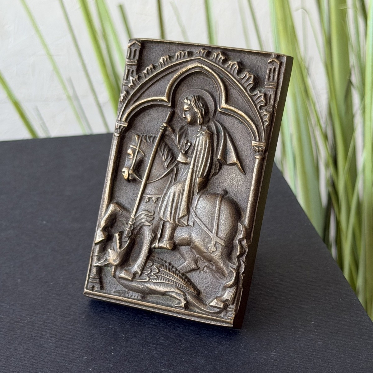 Antique Bronze St George Dragon Plaque Catholic Relief Wall Icon Gothic Decor