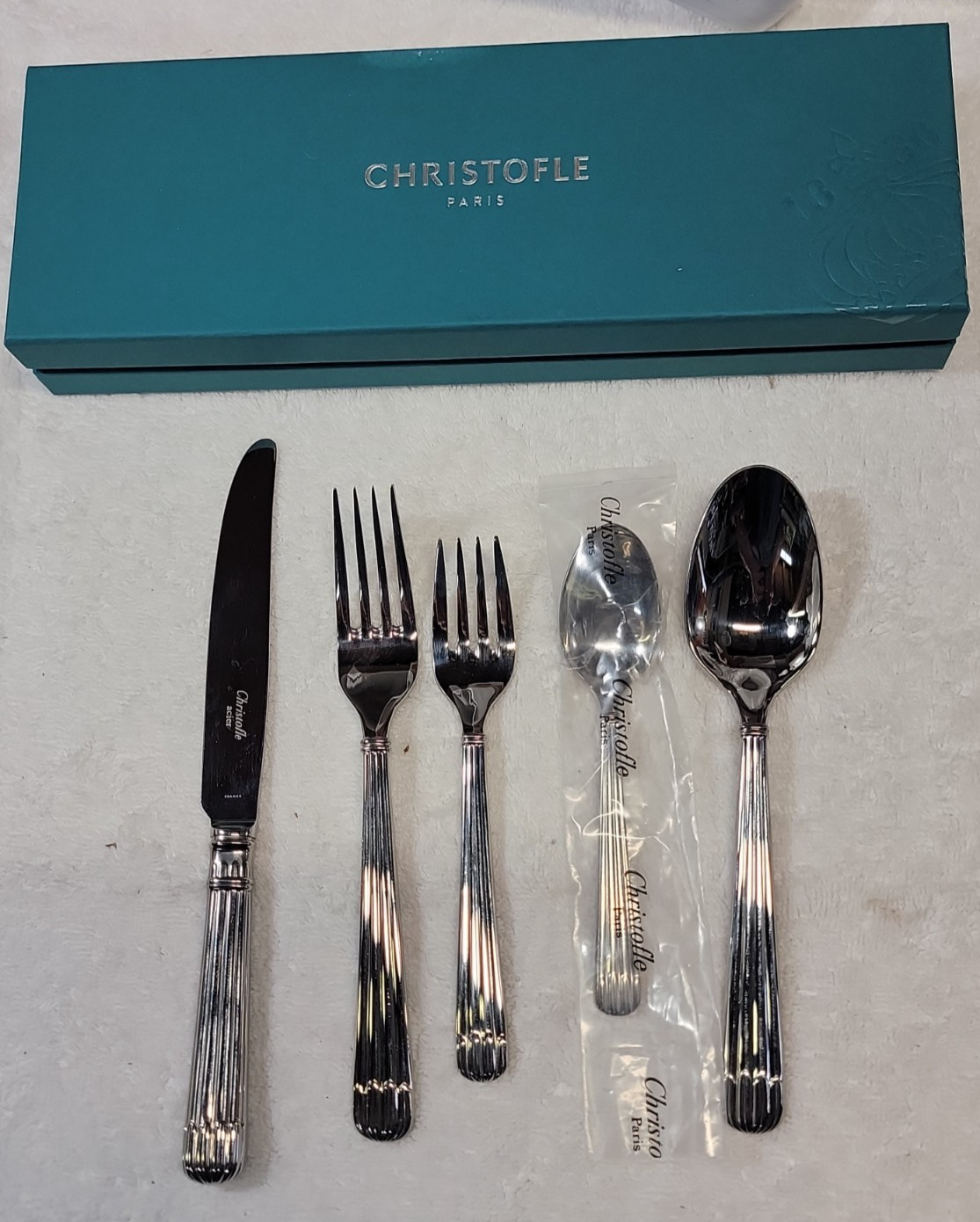 Christofle Acier Stainless Steel OSIRIS Five Piece Set Used Pre Owned with Box