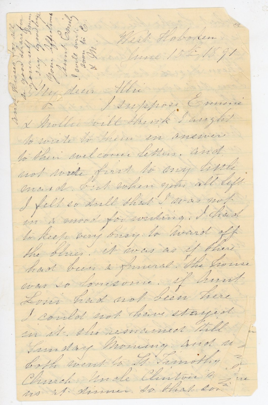 1891 Antique Letter West Hoboken NJ Chinese Picnic Steamboat, St. Timothy Church