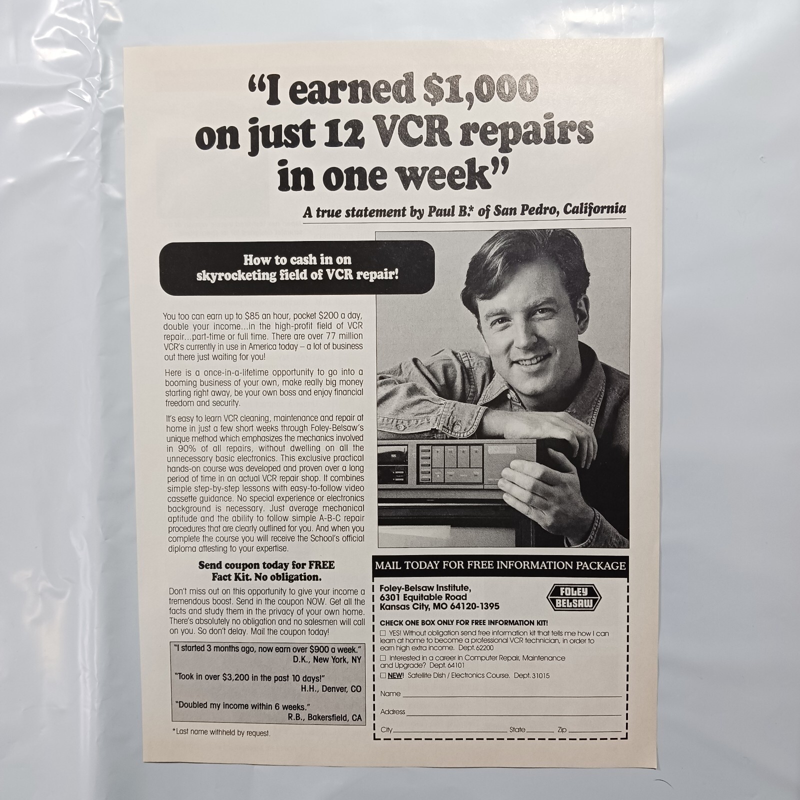 1994 VINTAGE FOLEY-BELSAW INSTITUTE VCR REPAIR TECHNICIAN PRINT AD