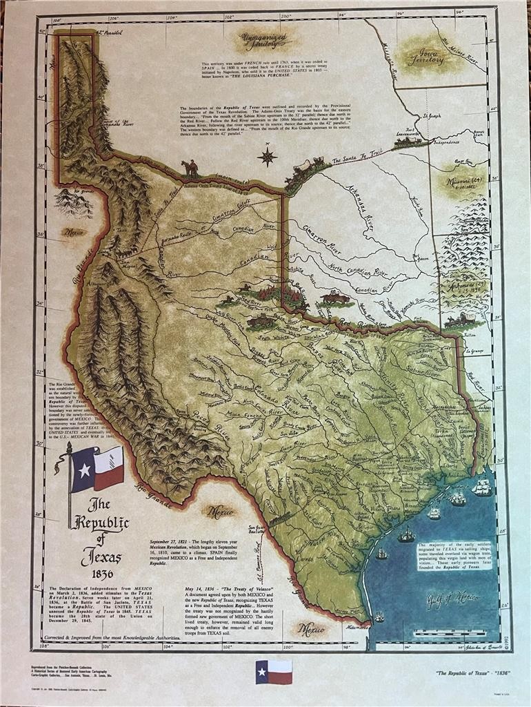 Republic of Texas Historical 1836 Map w Flag, Old, Indians - Large Print