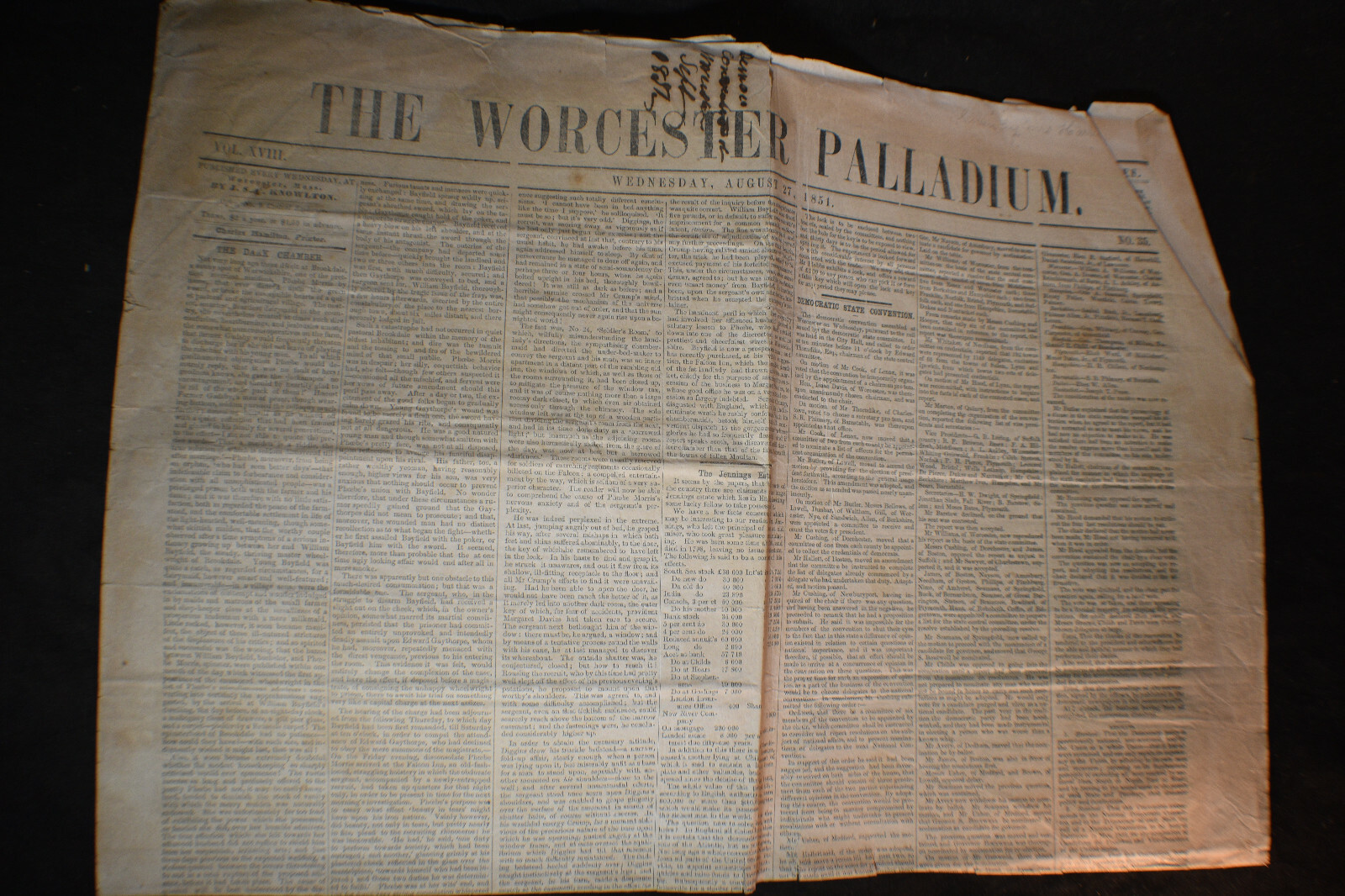 1851 The Worcester Palladium Newspaper *State Democratic Convention*Cuba*