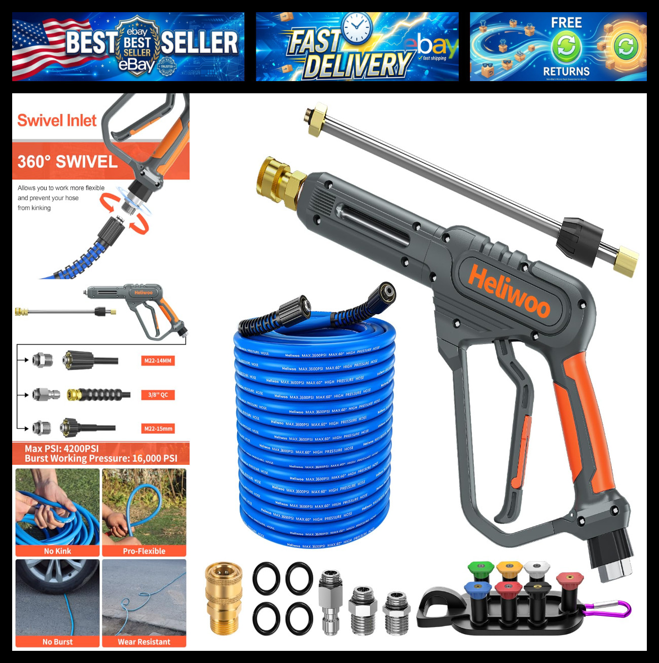 Pressure Washer Hose and Gun 3600 PSI, 50 FT Power Washer Hose