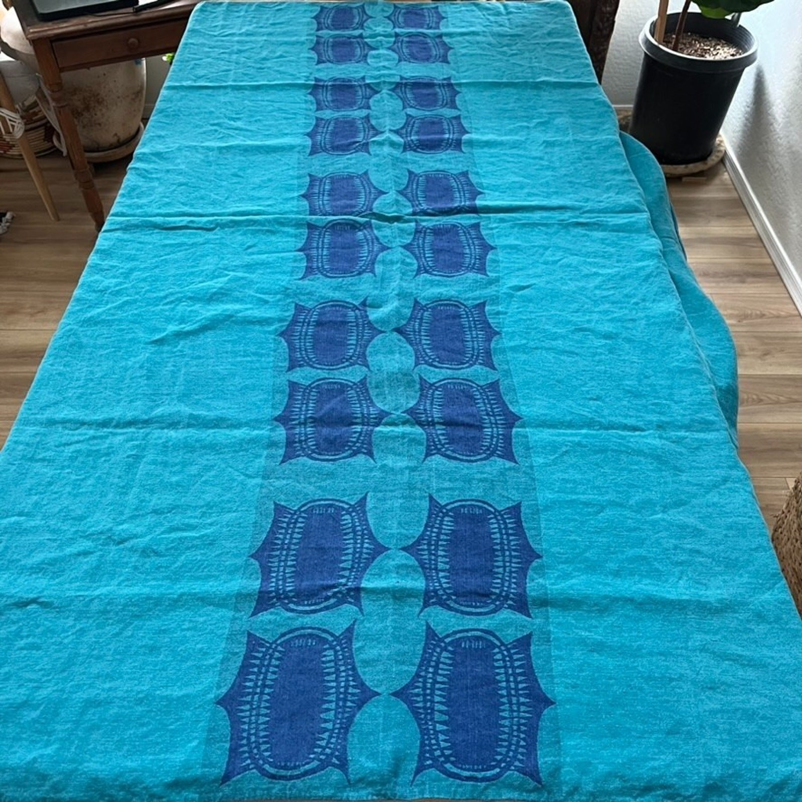 Vtg Dansk Ritva Puotila Finnish Accent Blue Linen Tablecloth 85\