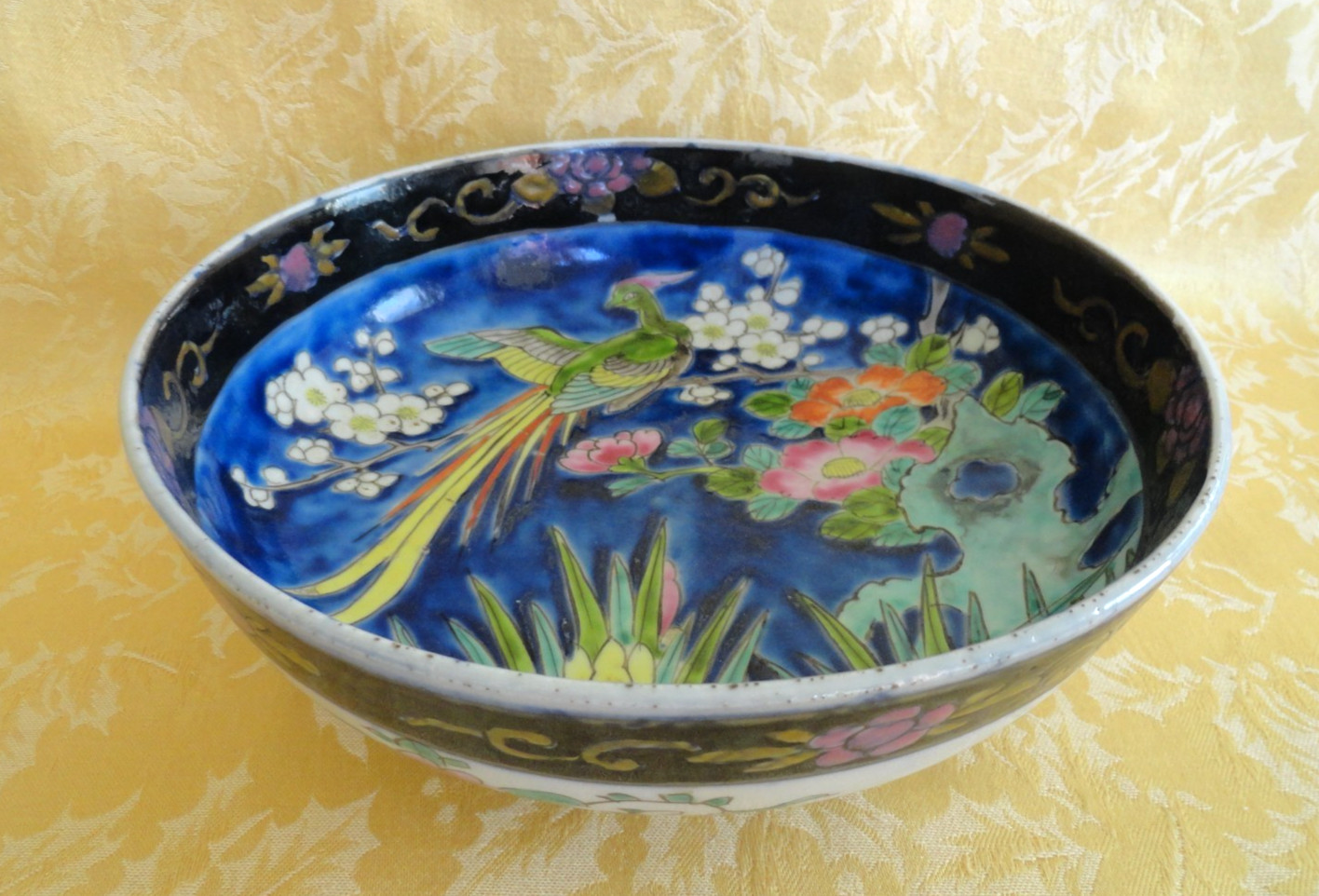 Antique Nippon Hand Painted Porcelain Bird of Paradise & Floral Footed Bowl