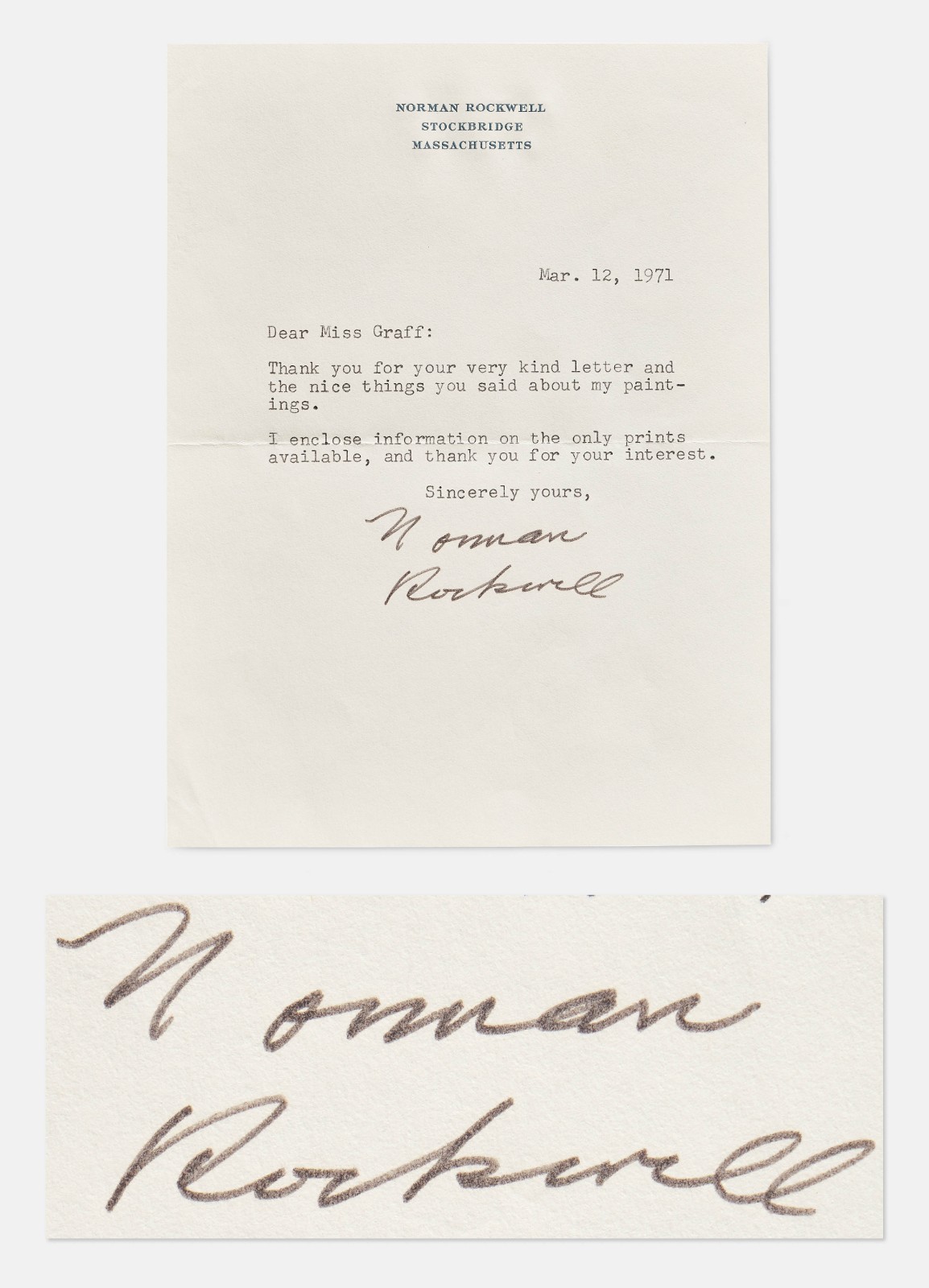 Norman Rockwell Letter Signed from 1971