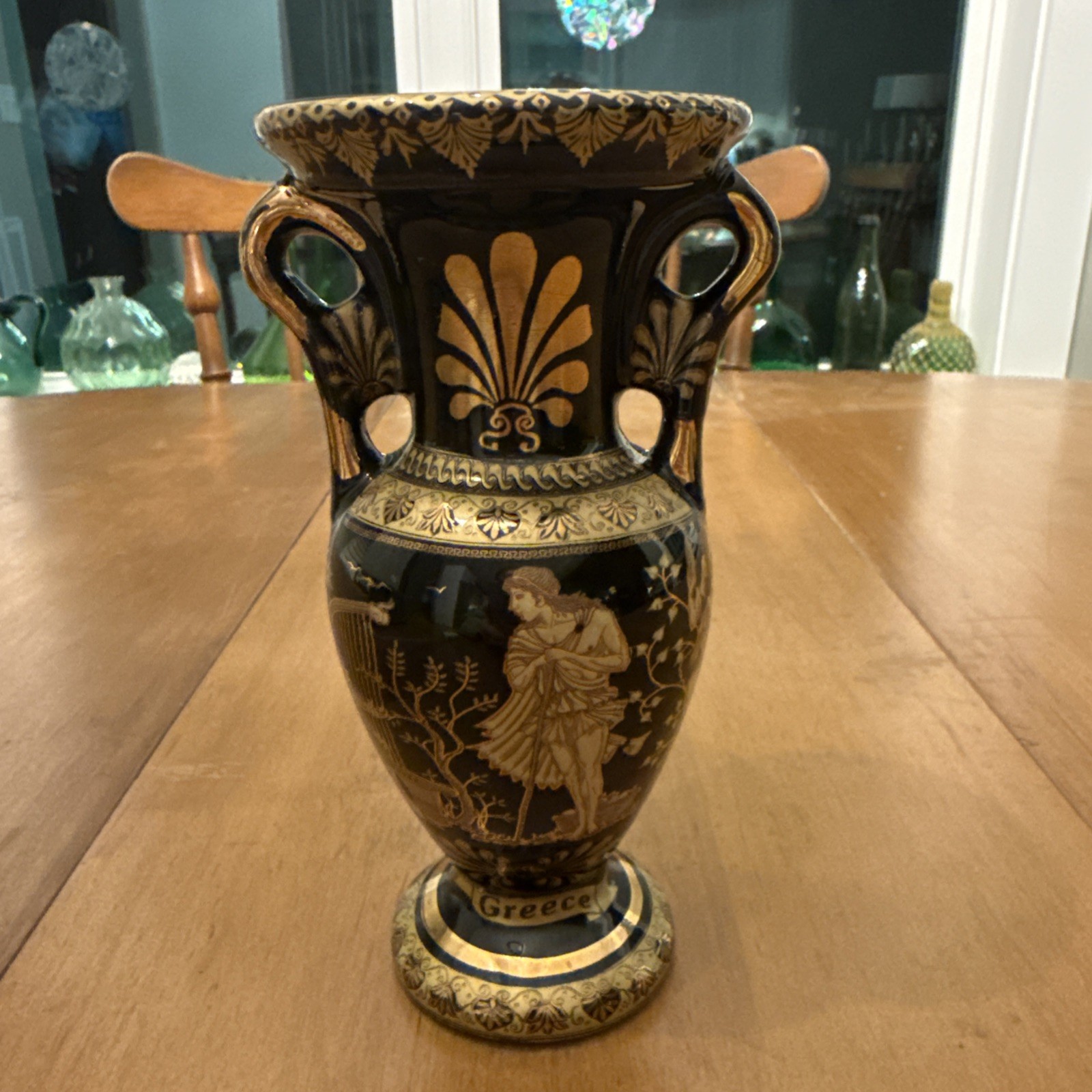 Greek Urn Black Vase 24 Karat Gold Leaf Hand Made 6.5 inches Tall Mythology