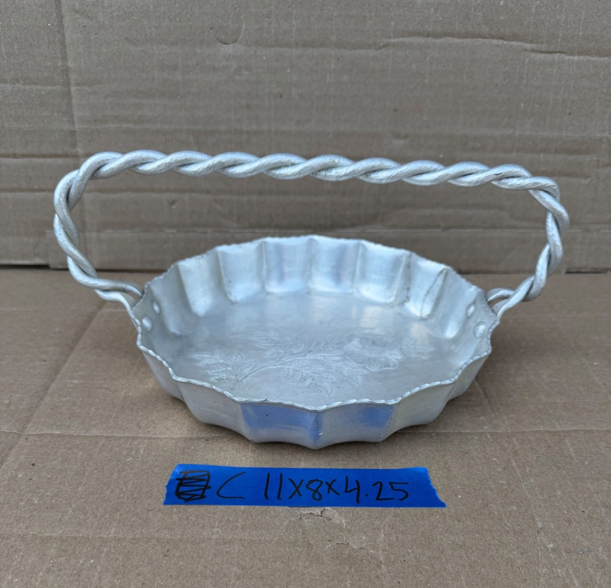 Vintage Continental Mark Hand Wrought Aluminum Floral Basket Twisted Handle