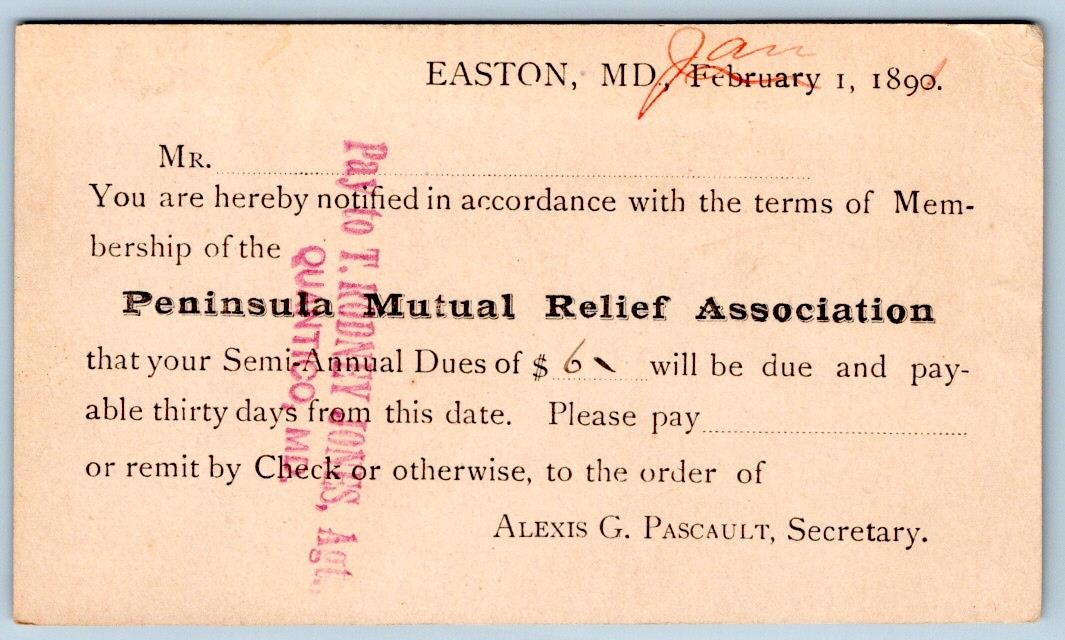 1890 EASTON MARYLAND PENINSULA RELIEF ASSOCIATION to TYASKIN MD POSTCARD