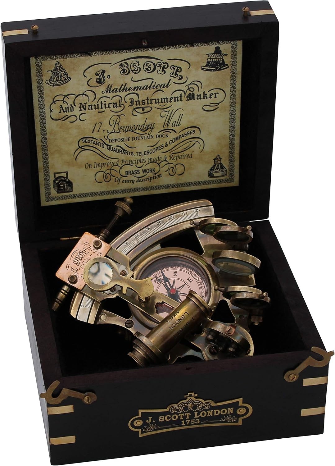Handmade Brass Astrolabe Sextant with Built-in Compass & Hardwood Box – Vintage