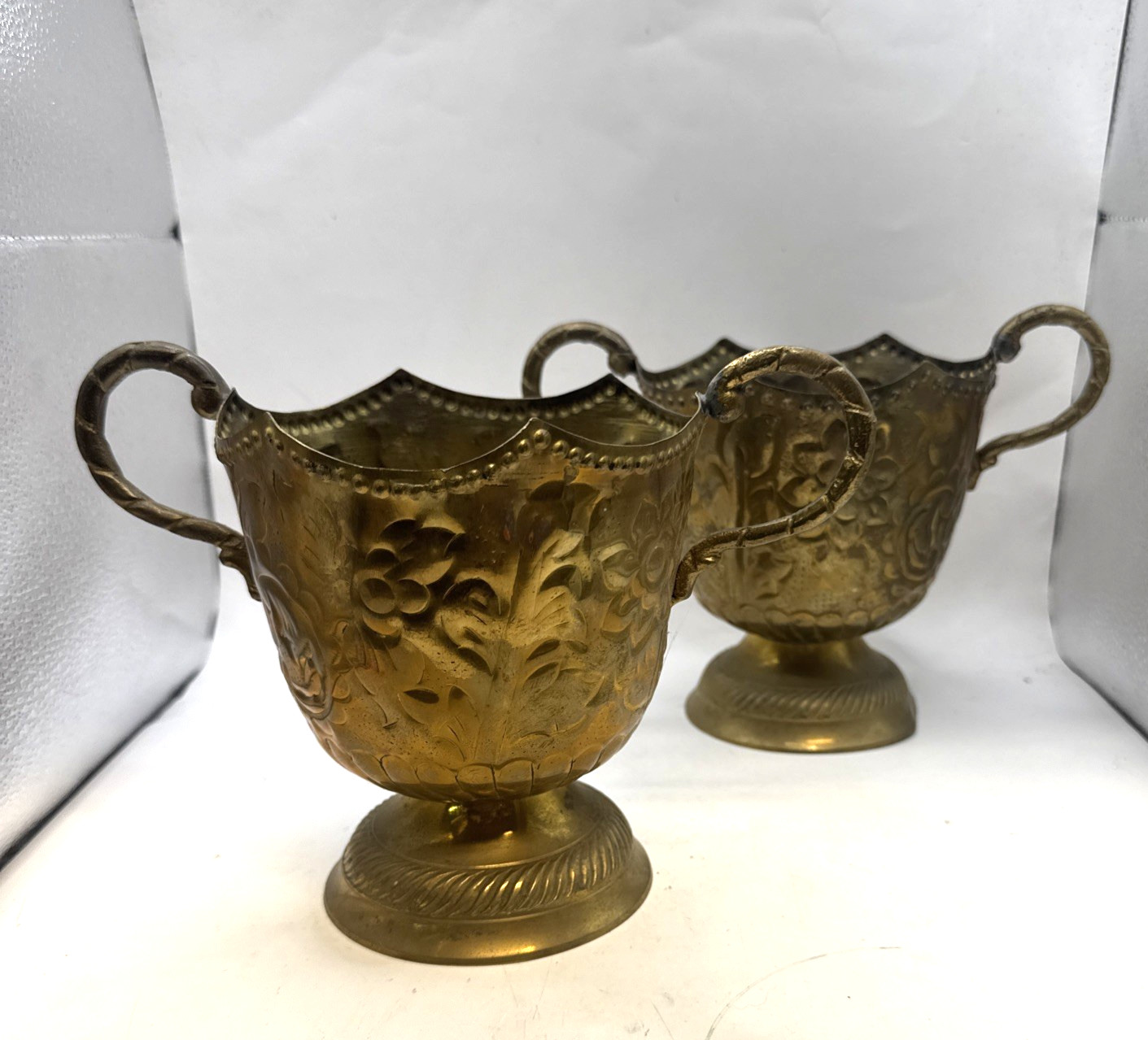 2 Vintage Ornate Embossed Brass Jardinière  Footed Planter Pot  w/Handles  6”