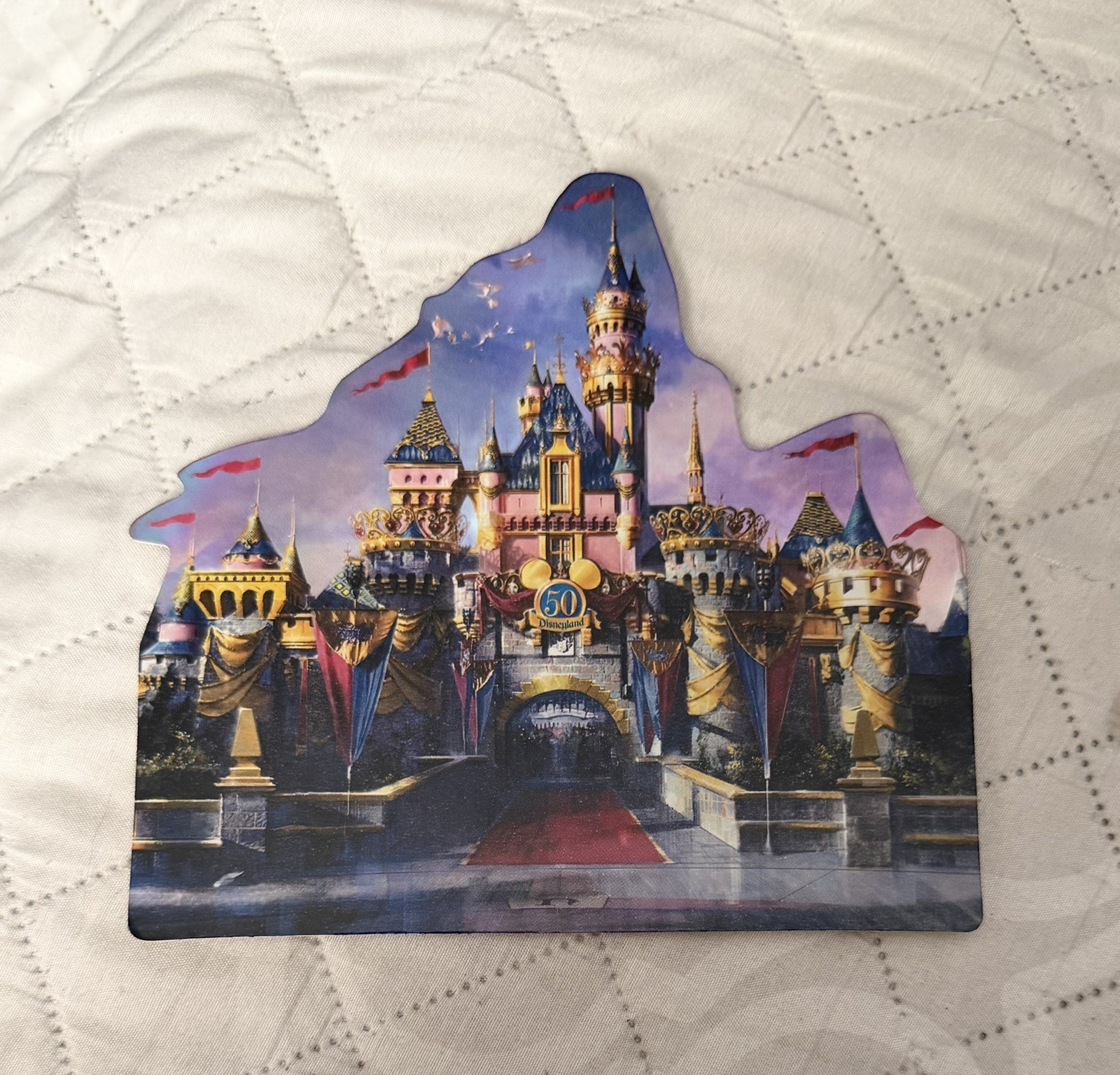 Rare Disneyland 50th Anniversary Castle Postcard Cut Out Metallic Unused