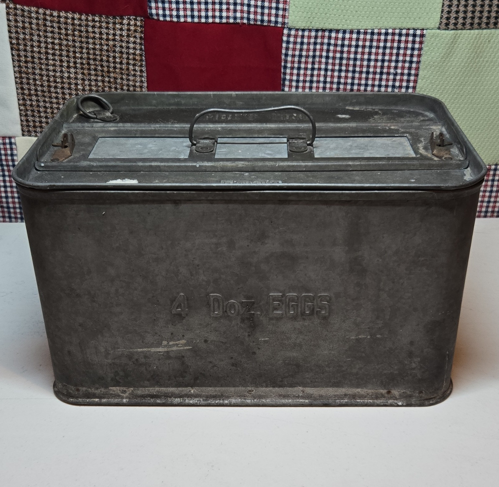Antique Hoeft & Company Galvanized Tin Egg Shipping Crate With Cylinders