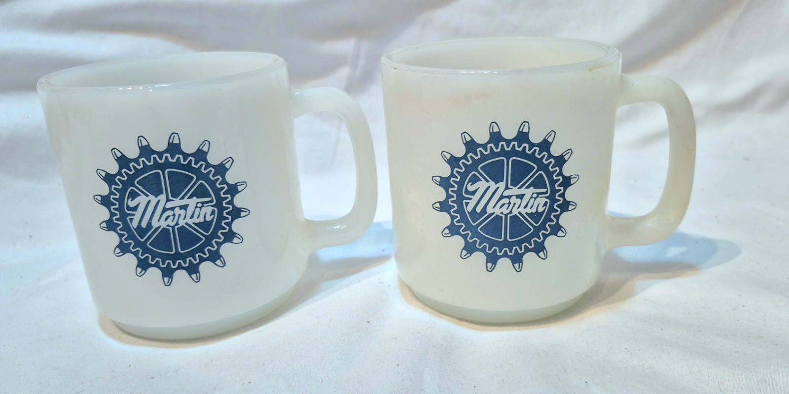 (2) Vtg Glasbake Martin Sprockets Gears Advertising Milk glass Coffee Mugs Cups