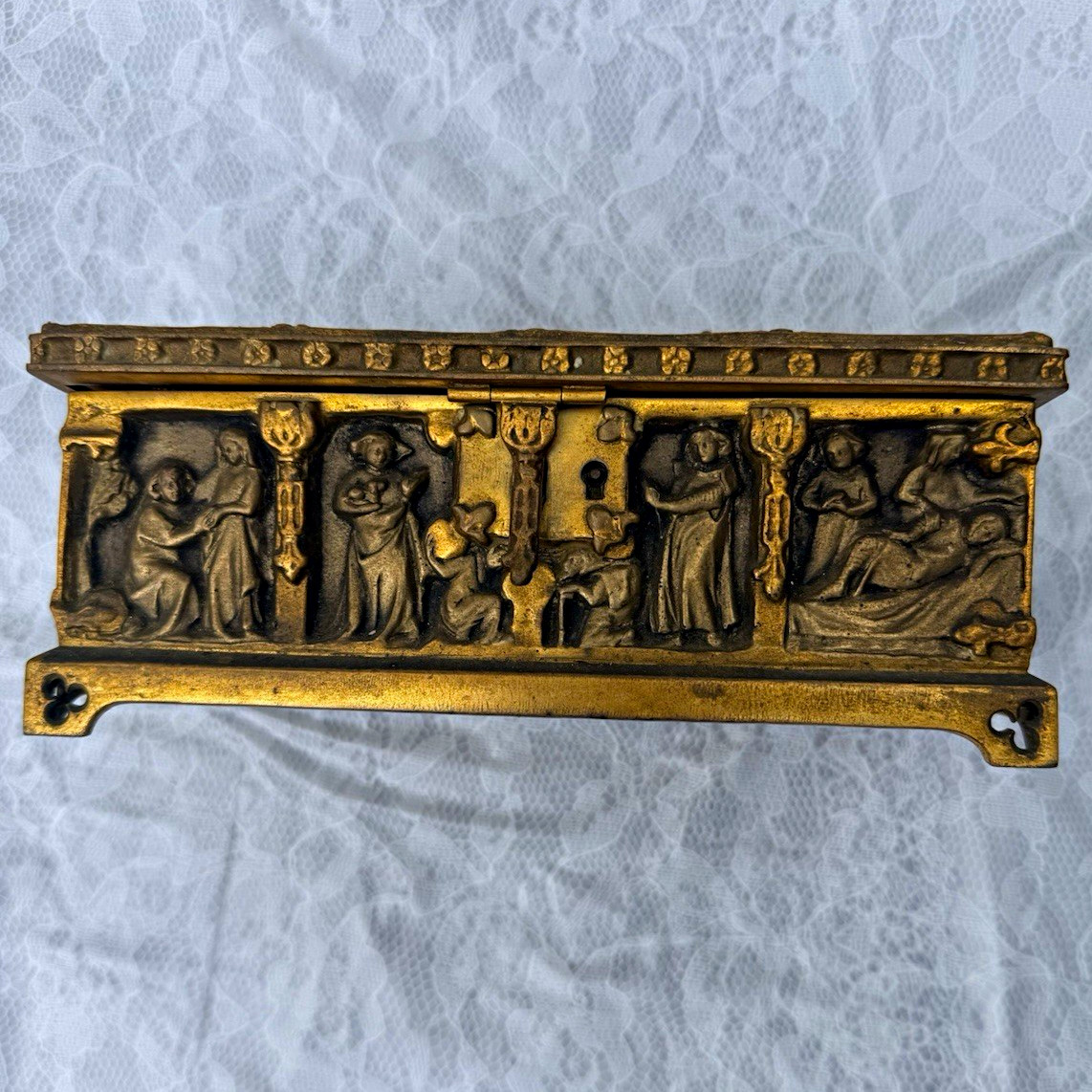 Antique German Gothic Revival Gilt Brass Casket Jewelry Box – Medieval Relief Sc