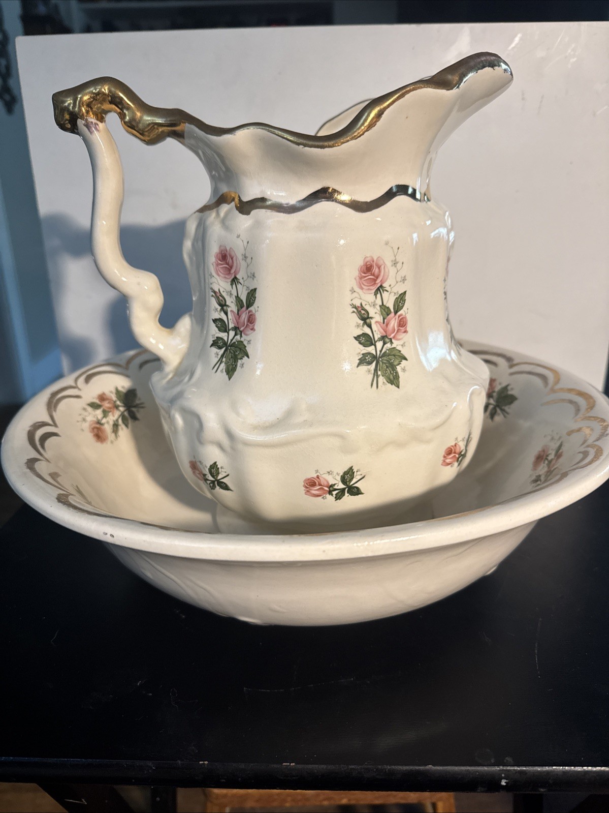 Antique Ornate Porcelain WASH PITCHER & BOWL Pink Rose/Gold 10 Antique Ornate Porcelain WASH PITCHER & BOWL Pink Rose/Gold 10