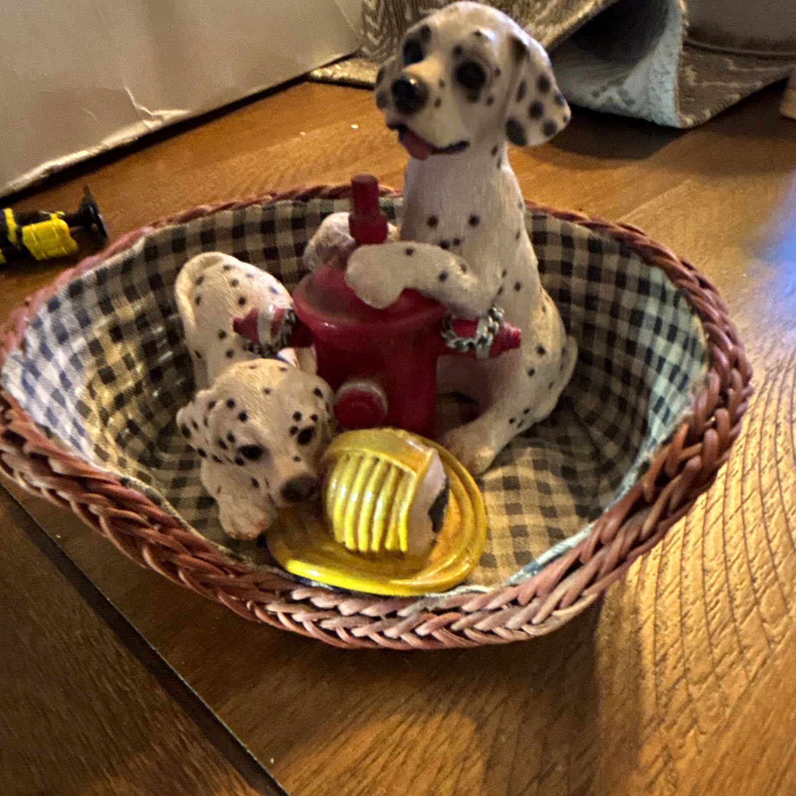 Dalmatian Dog Figurine with Puppies in Basket and Red Fire Hydrant Scene
