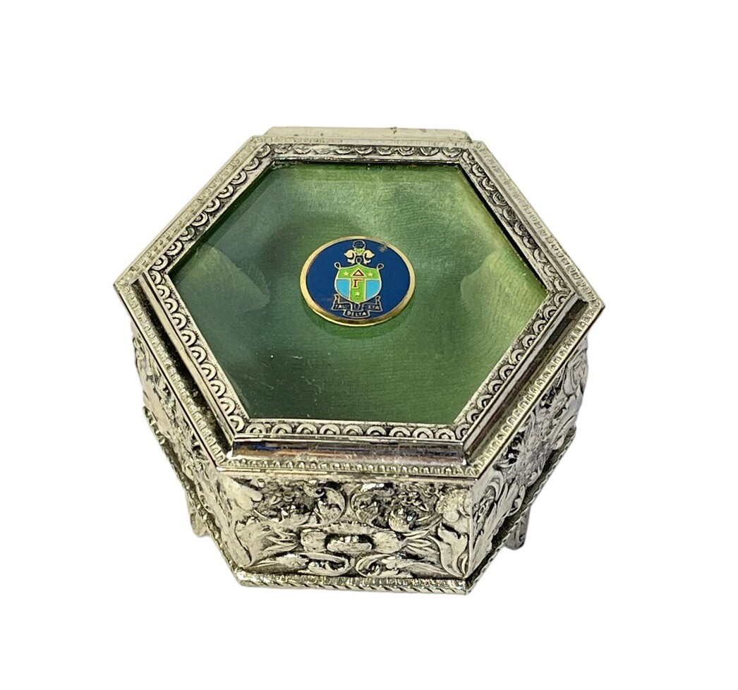 Vintage 3 Footed Silvertone Hexagon Trinket Box w Green Lining