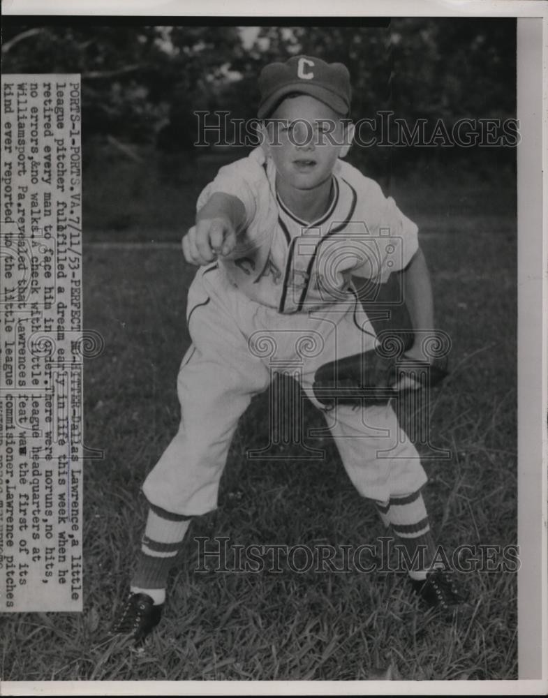 1953 Press Photo Little League pitcher Dallas Lawrence throws perfect game