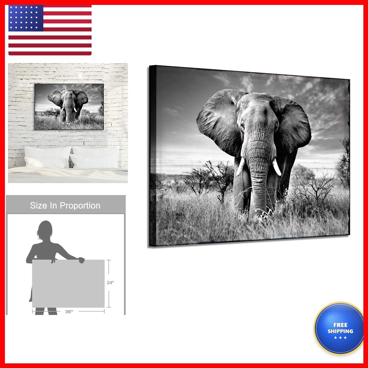 ARTISTIC PATH Elephant Picture Animal Canvas Wall Art, 36x24 Inch