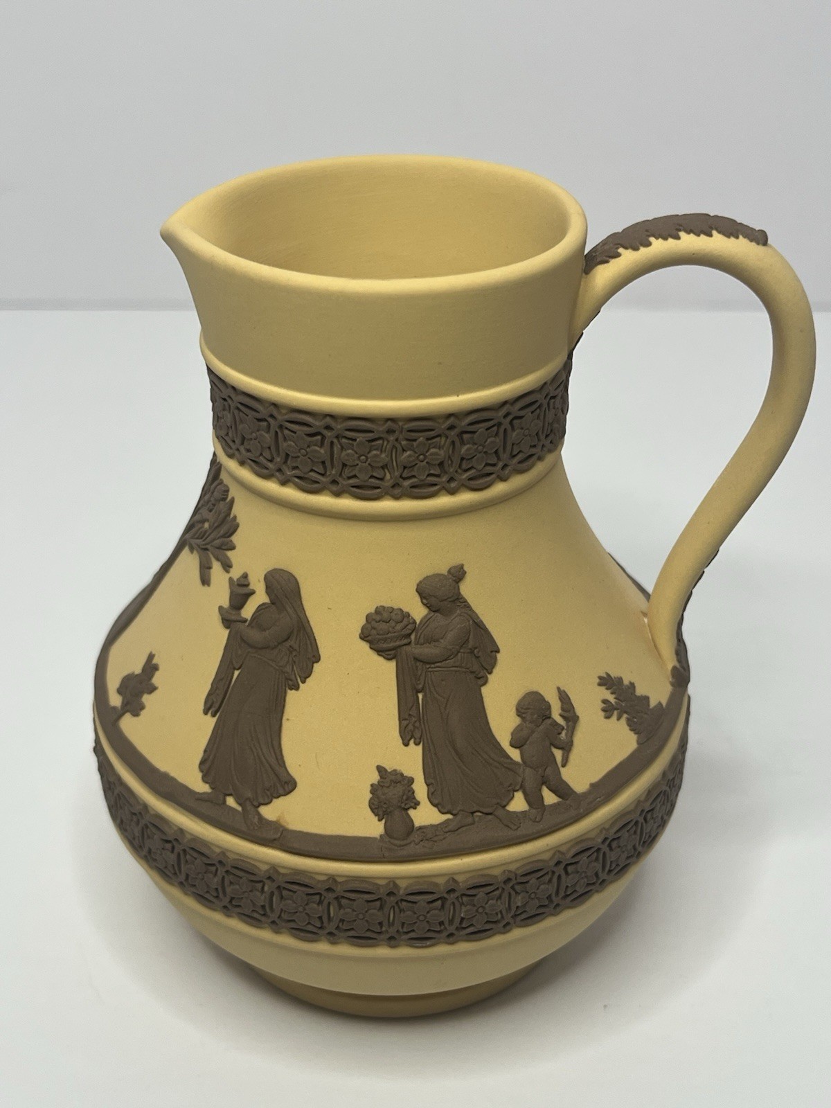 Wedgwood Cane Yellow Taupe Jasperware Etruscan Jug 5” Tall England