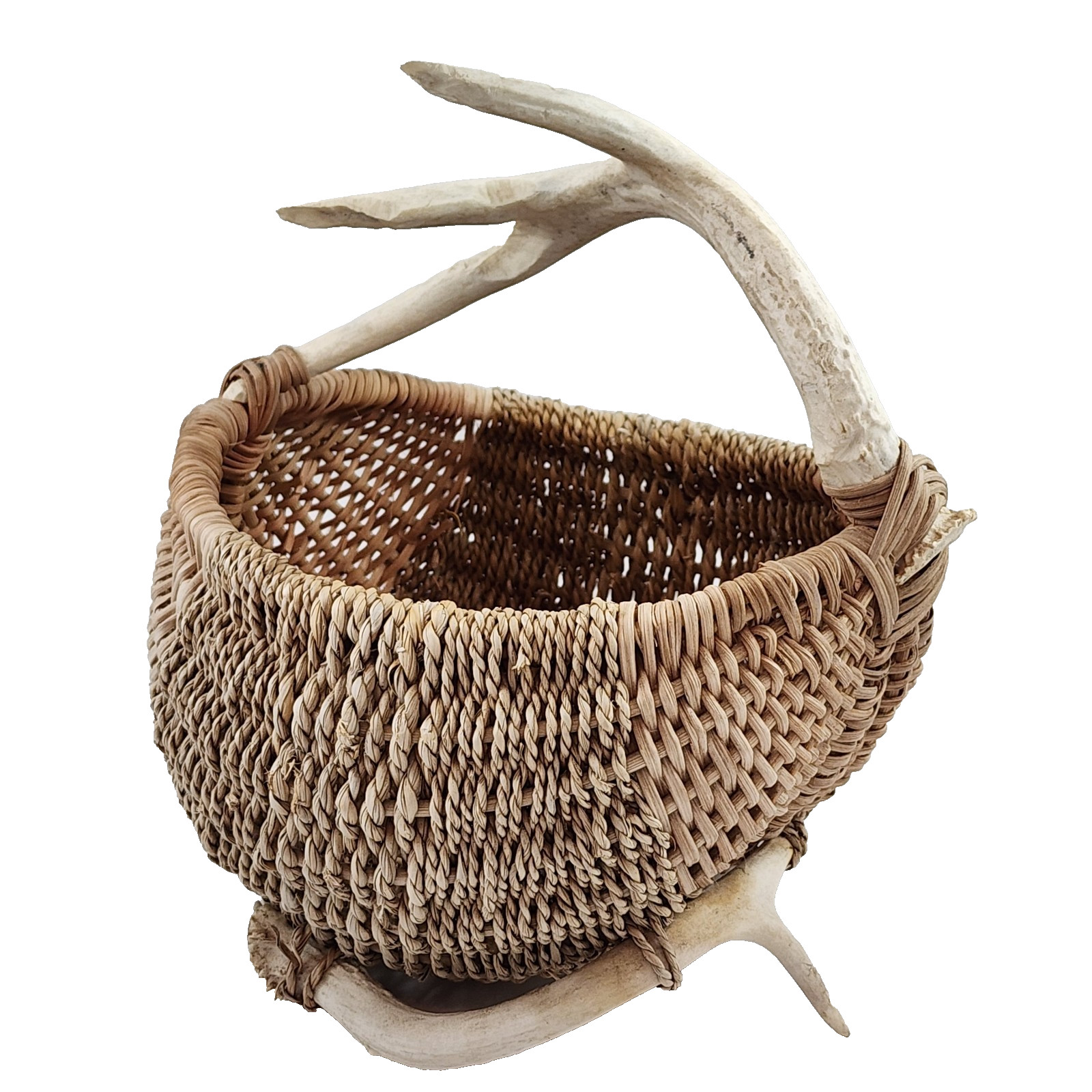 Vintage Handmade Handwoven Antler Basket Rustic Artisan Folk Ranch 8.5\ Vintage Handmade Handwoven Antler Basket Rustic Artisan Folk Ranch 8.5\