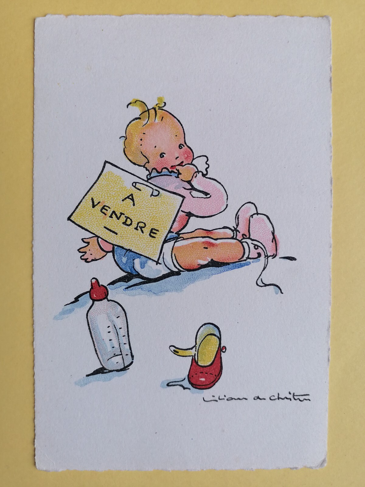 Old postcard illustration signed LILIANE de CHRISTEN baby for sale bottle