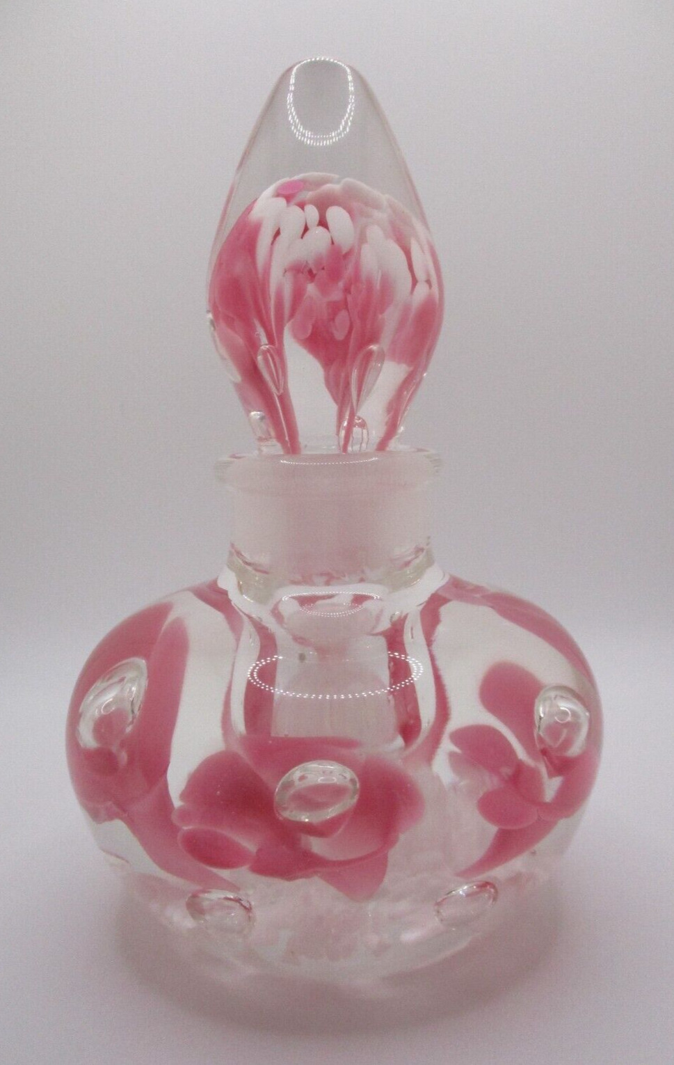 Vtg Joe Rice Blown Art Glass Perfume Bottle Paperweight Controlled Bubbles Pink