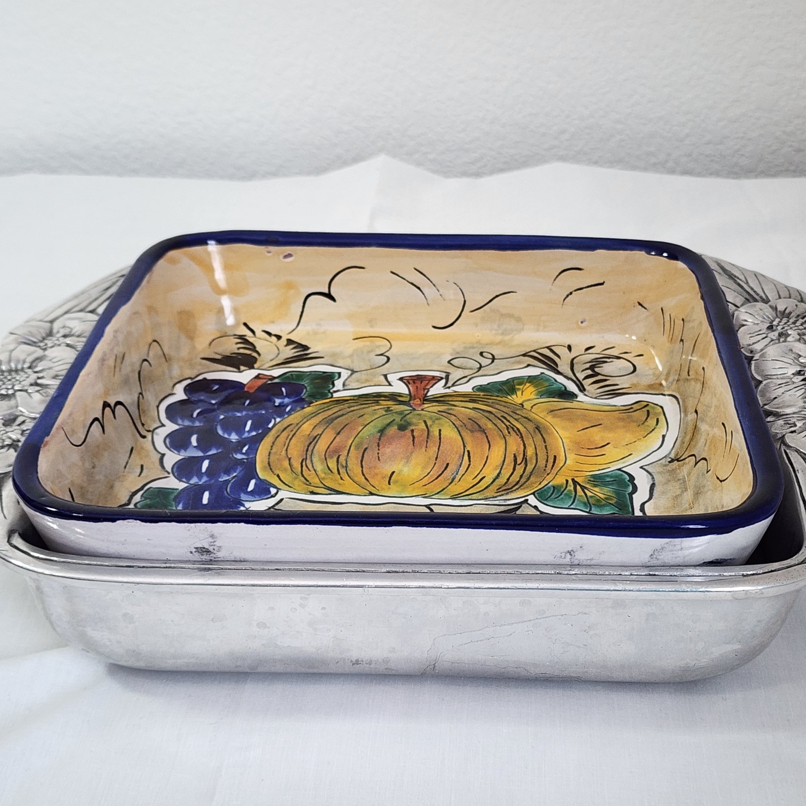 Handcrafted Mexican Talavera Casserole Dish With Cast Aluminum Dish Holder 9\
