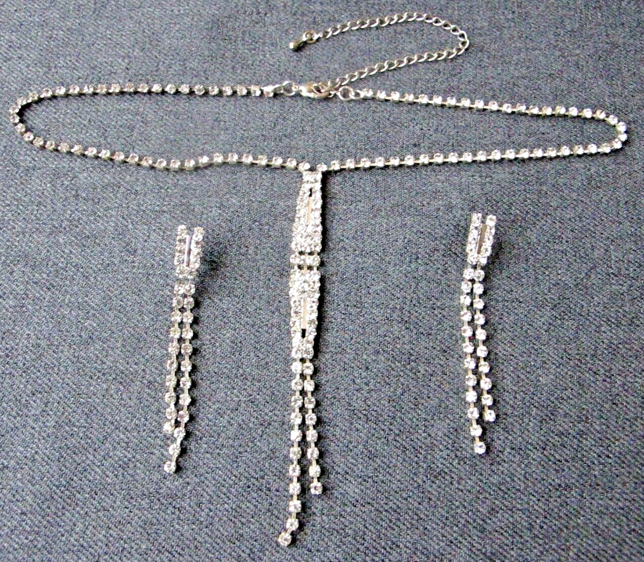 Clear rhinestones silvertone bride party collar necklace with earrings   16c