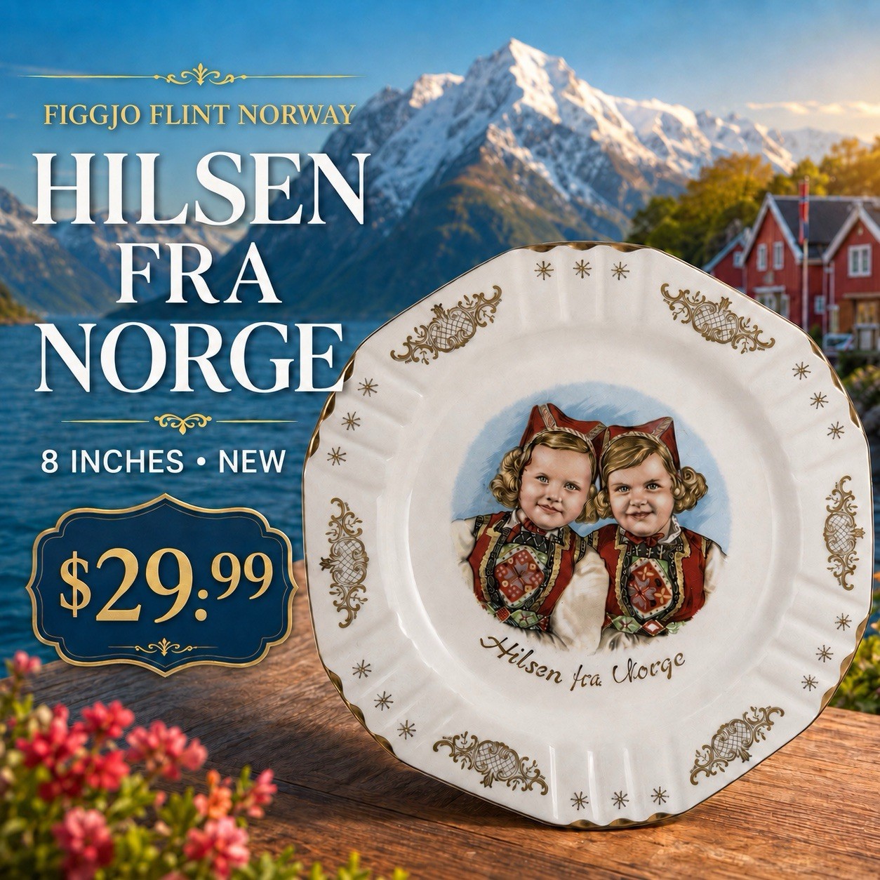 Figgjo Flint Hilsen Fra Norge 8” Collector Plate – Norwegian Twin Girls