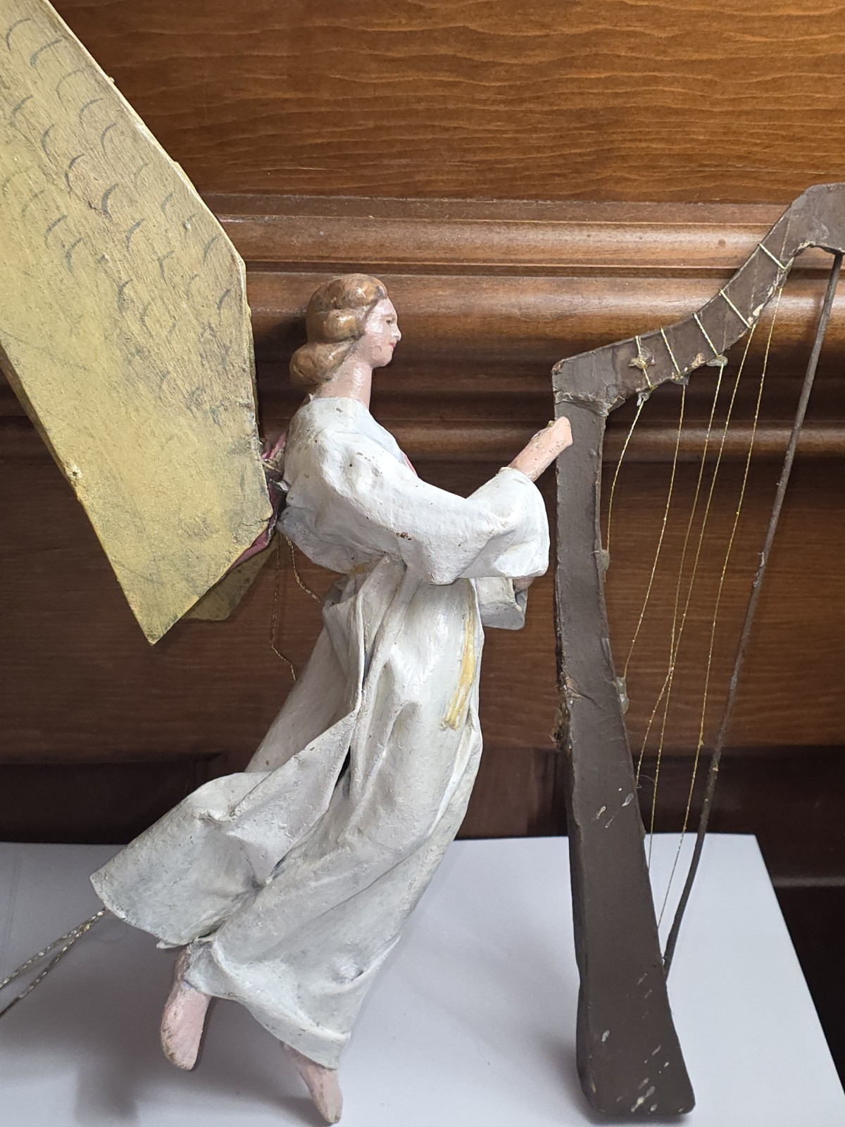 Antique Vintage Cartapesta Papier Paper Mache Angel Christmas Ornament W Harp
