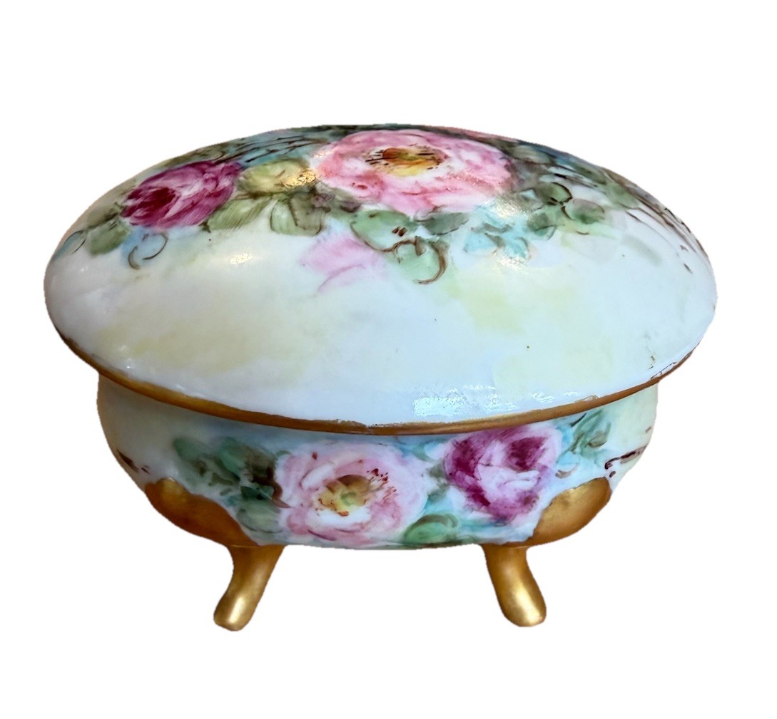 Vintage Footed German Floral Porcelain Vanity Trinket Box  3”x3.5”x4”