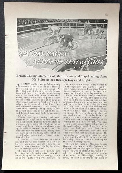 “Six-Day Bicycle Races Supreme Test of Grit” 1926 article Madison Square Garden