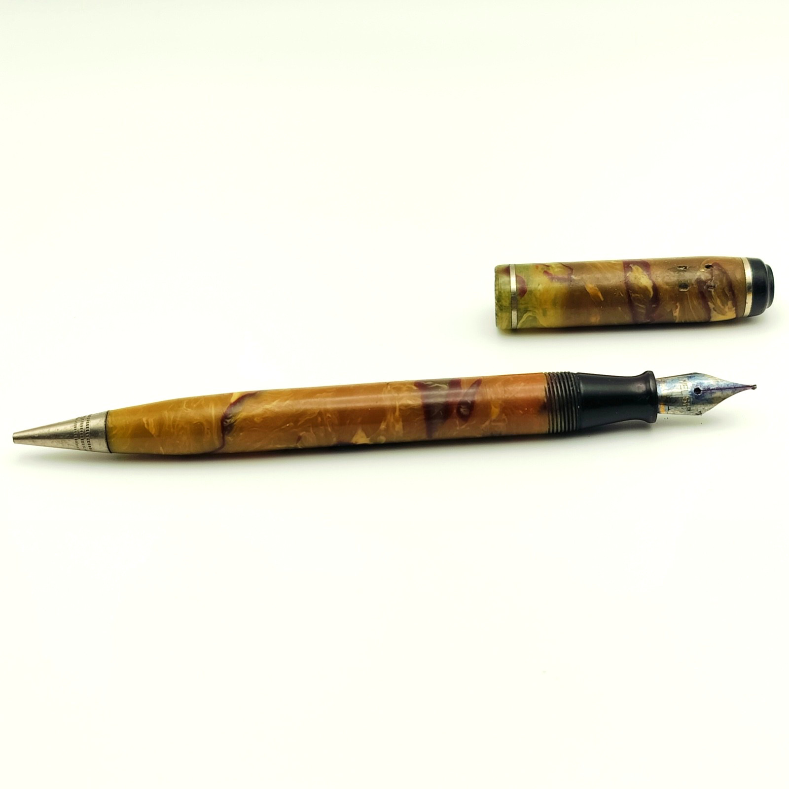 Vintage WELSH Combo Mechanical Pencil Fountain Pen Brown Green Marbled UNTESTED
