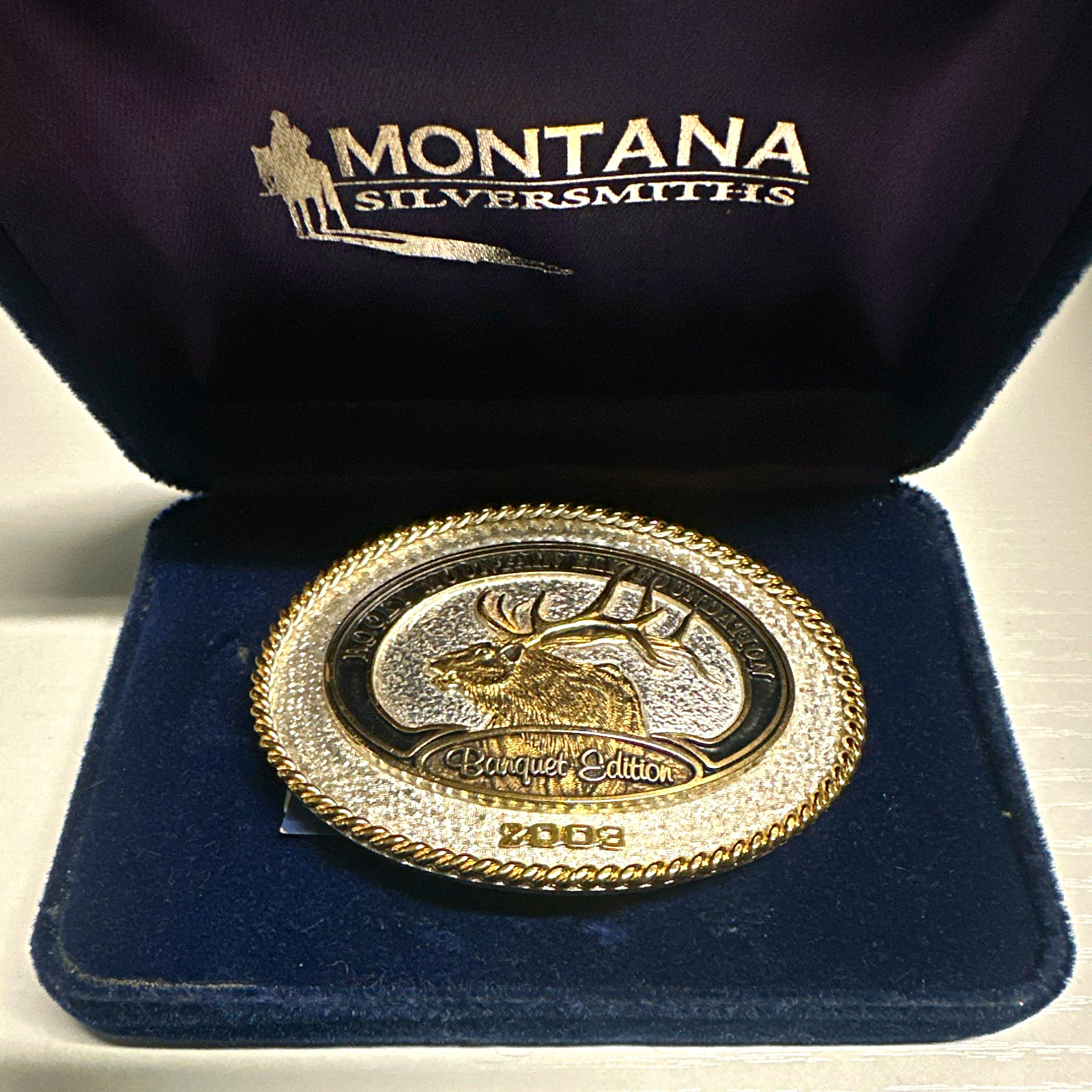 Montana Silversmiths Rocky Mtn Elk Foundation 2003 Belt Buckle & Box Silver/Gold