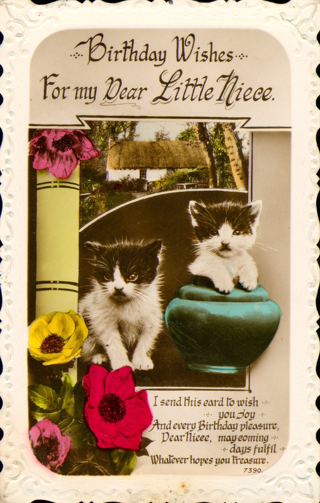 Kittens Postcard RPPC Birthday Wishes Little Niece Beautiful Frame Real Photo. N