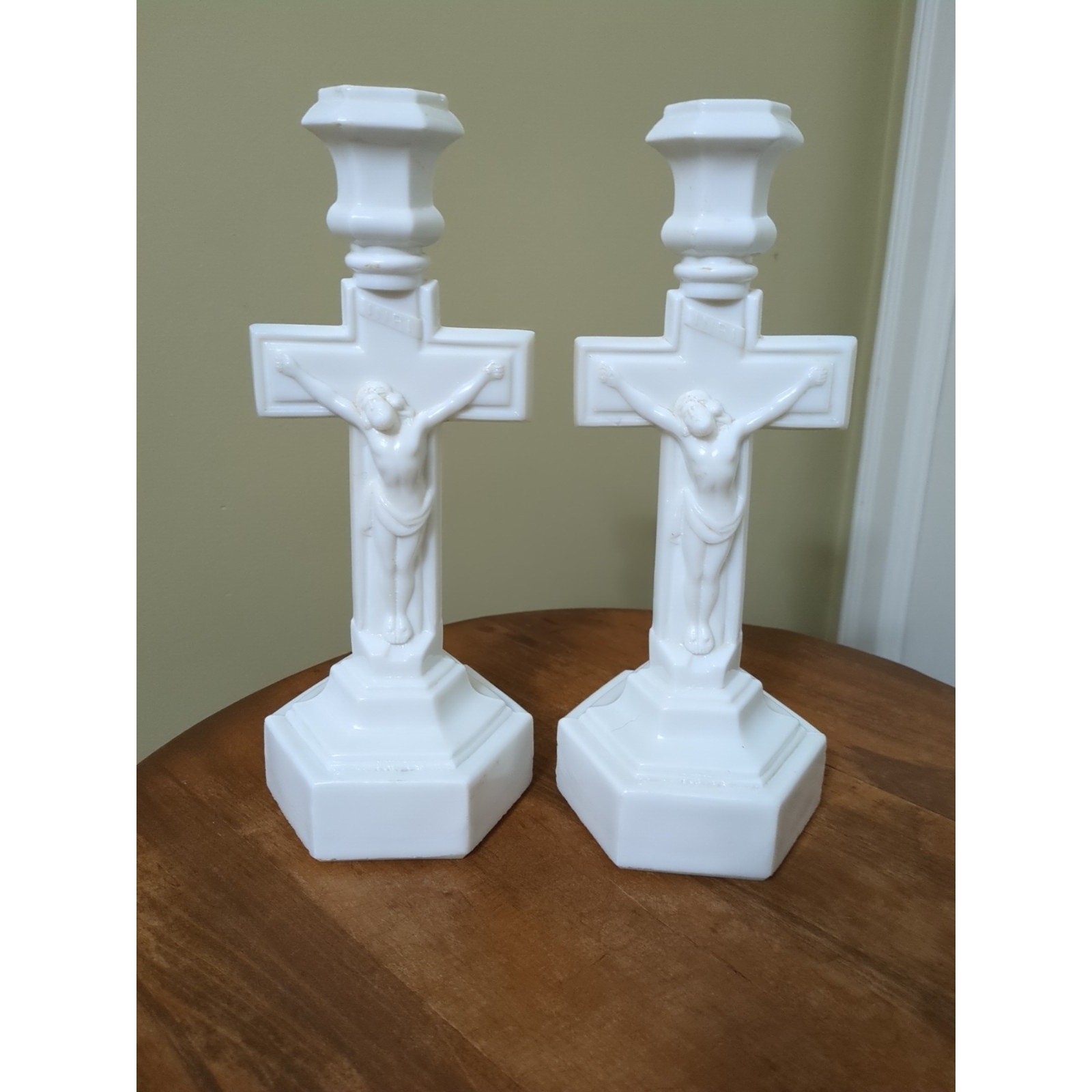 Rare Cambridge #3 Opal Crucifix Candlesticks. Rare Cambridge #3 Opal Crucifix Candlesticks.