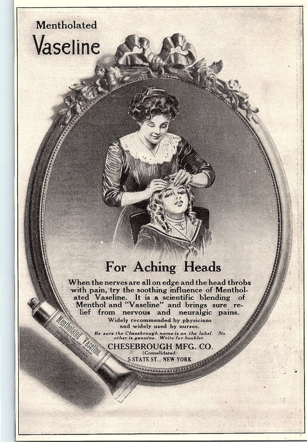 1913 Mentholated Vaseline Nerves Throbbing Headache Vintage Print Ad