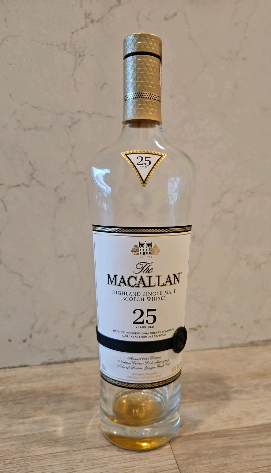 The Macallan 25 Year Single Malt Scotch Whisky 2024 Release. Empty bottle w cork