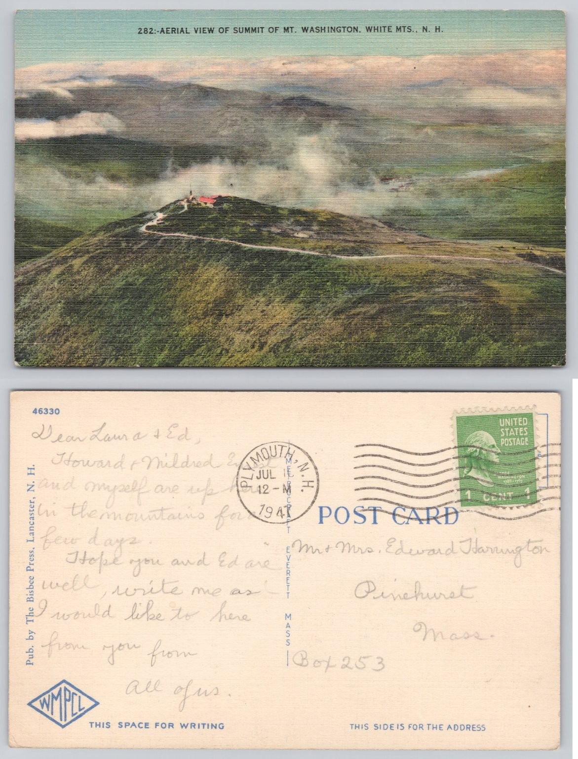 1941 Mt. Washington Summit Aerial View Postcard White Mountains NH Linen