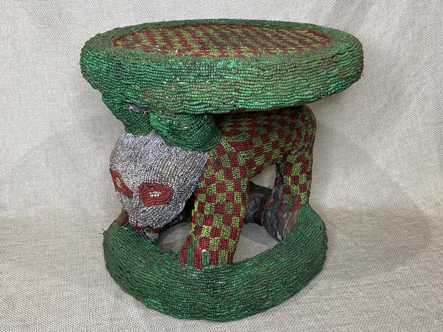 LARGE AFRICAN ART BEADED BAMILEKE ANIMAL STOOL FROM CAMEROON