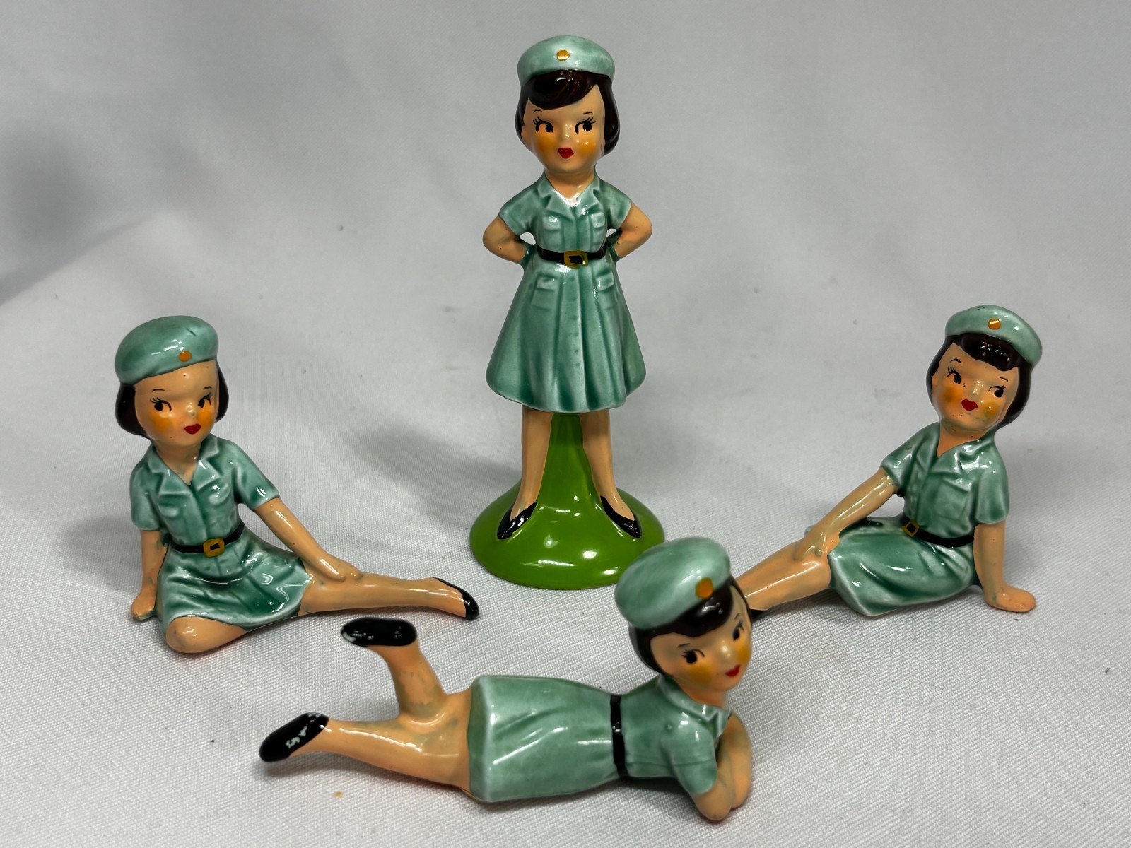 1950's ENESCO Complete Set of 4 Uniformed Girl Scout Figures Ceramic HTF