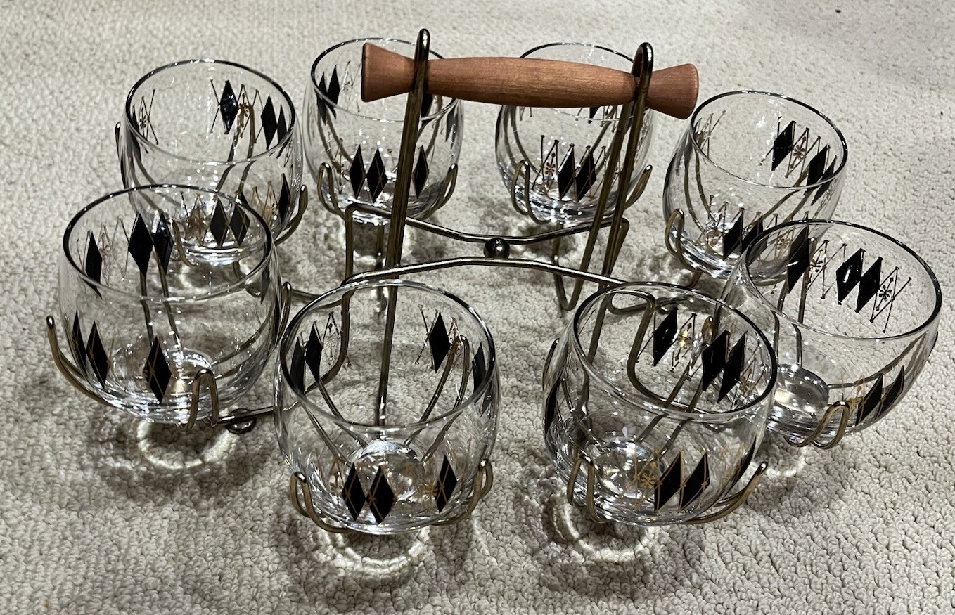 MCM Federal Glass Harlequin Roly Poly Glasses Caddy Set Atomic Barware 9 Pc MCM Federal Glass Harlequin Roly Poly Glasses Caddy Set Atomic Barware 9 Pc