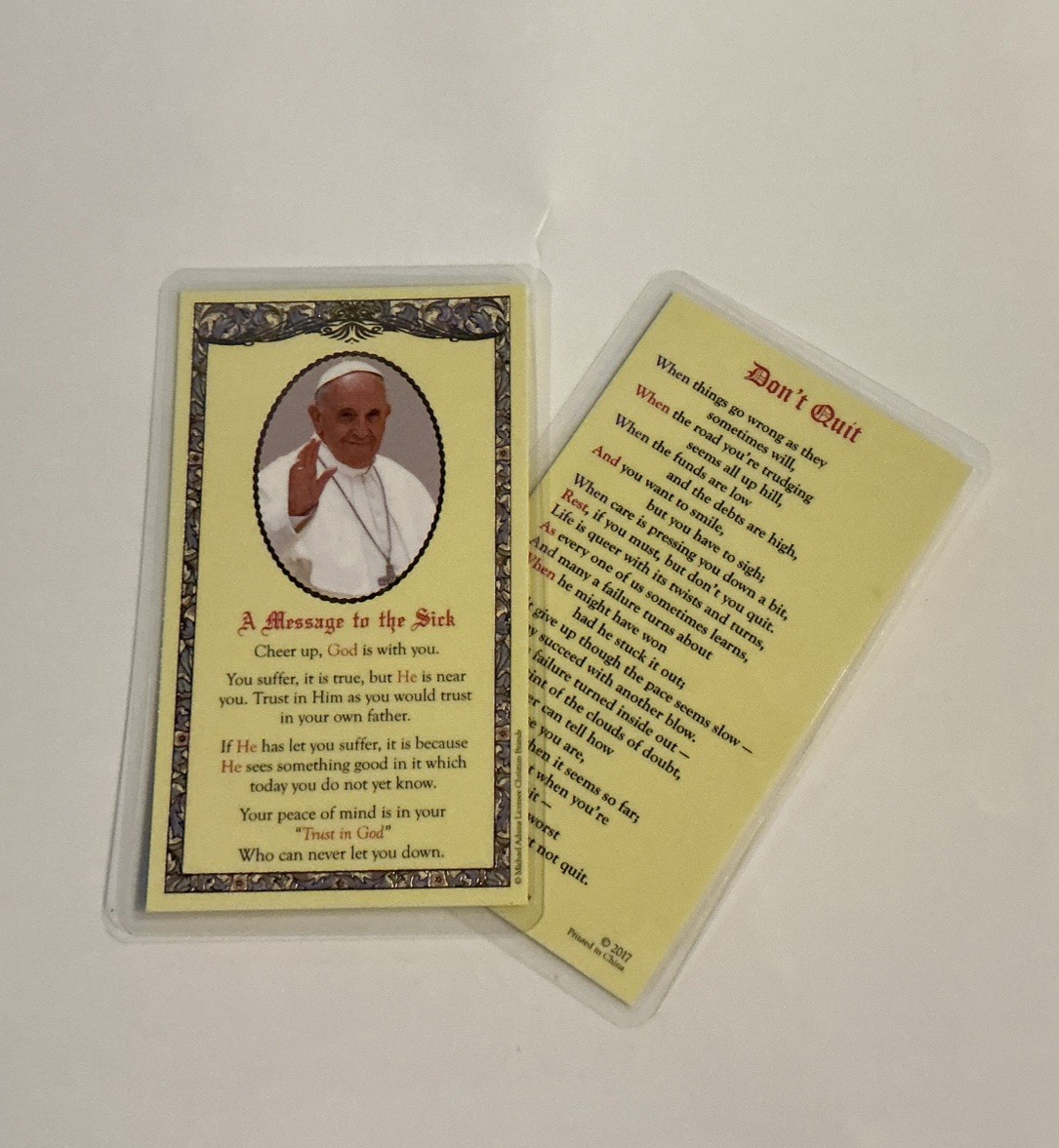 Prayer Card A Message To The Sick Don’t Quit  Beautiful Detail Gold Trim
