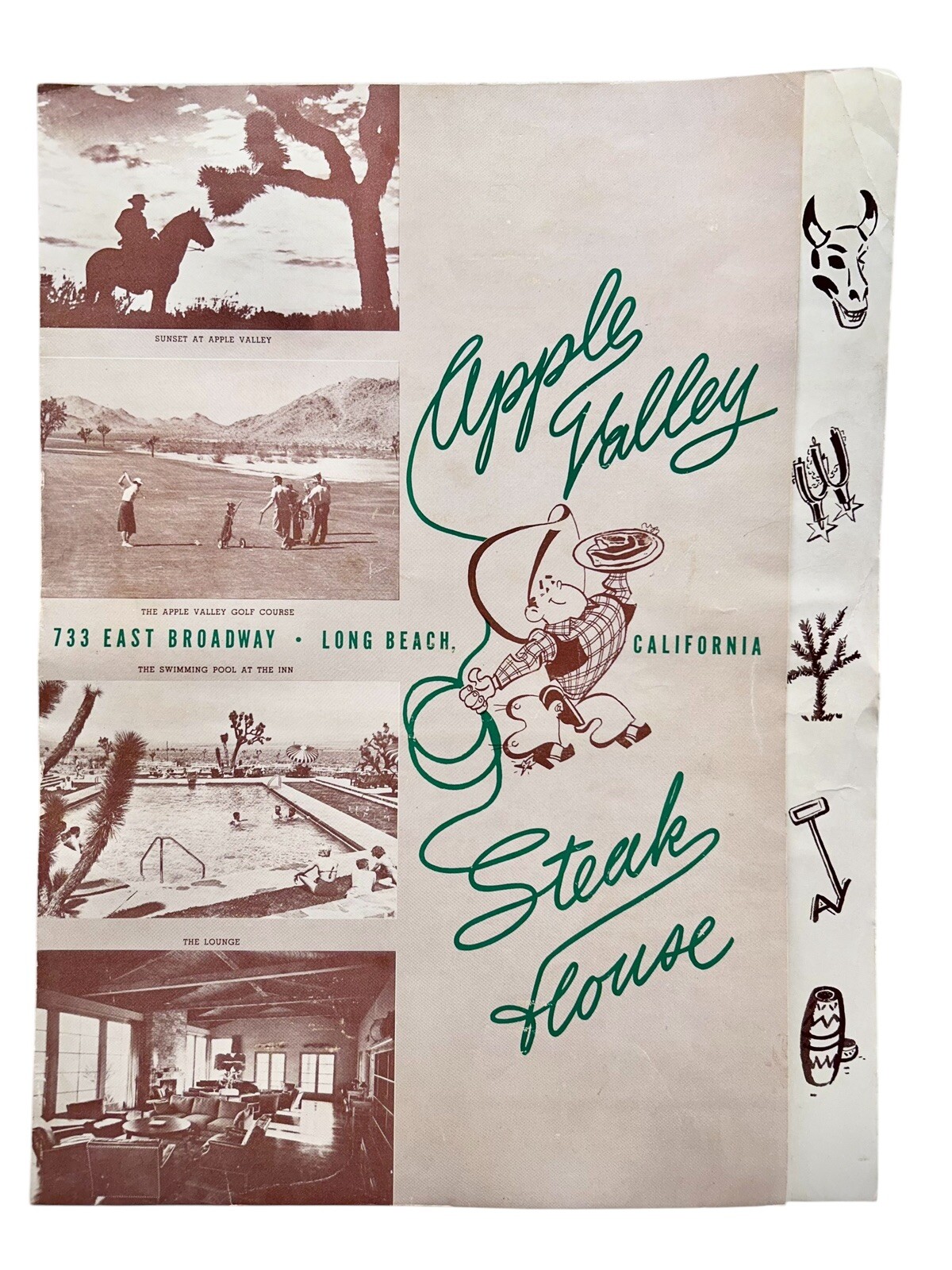 Vtg 1952 Apple Valley Inn Steak House Restaurant Menu Long Beach CA 15\