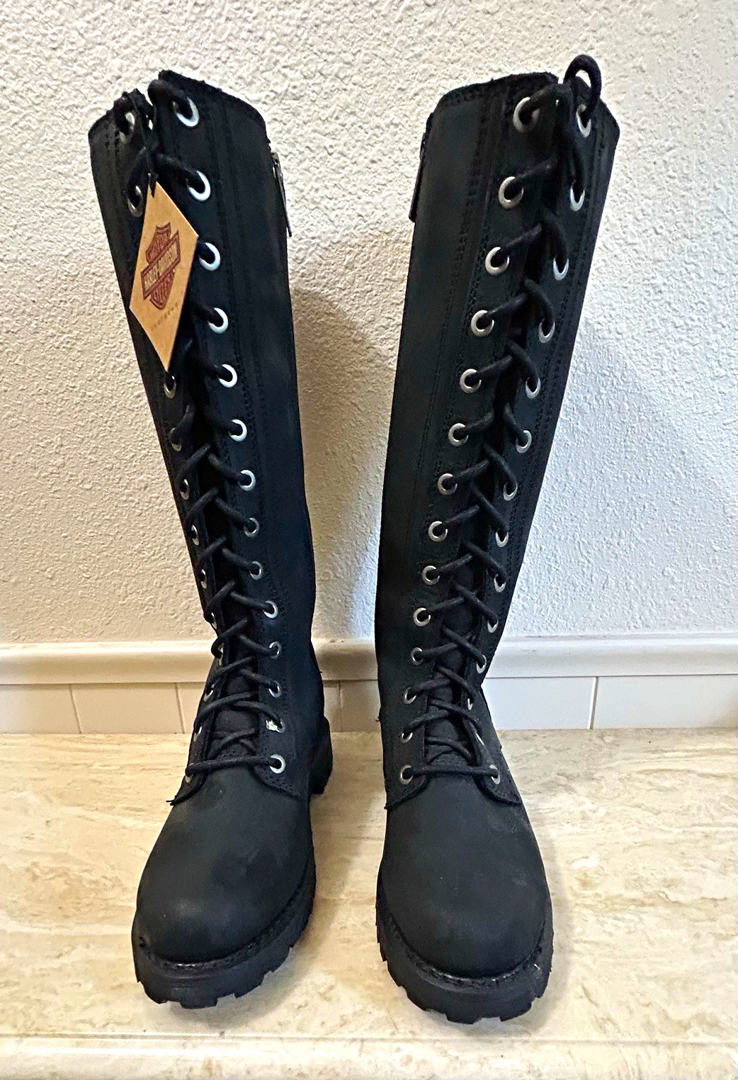 NWT Harley-Davidson Women\'s Lornell 14” Black Leather Tall Lace-Up Zip Boots 