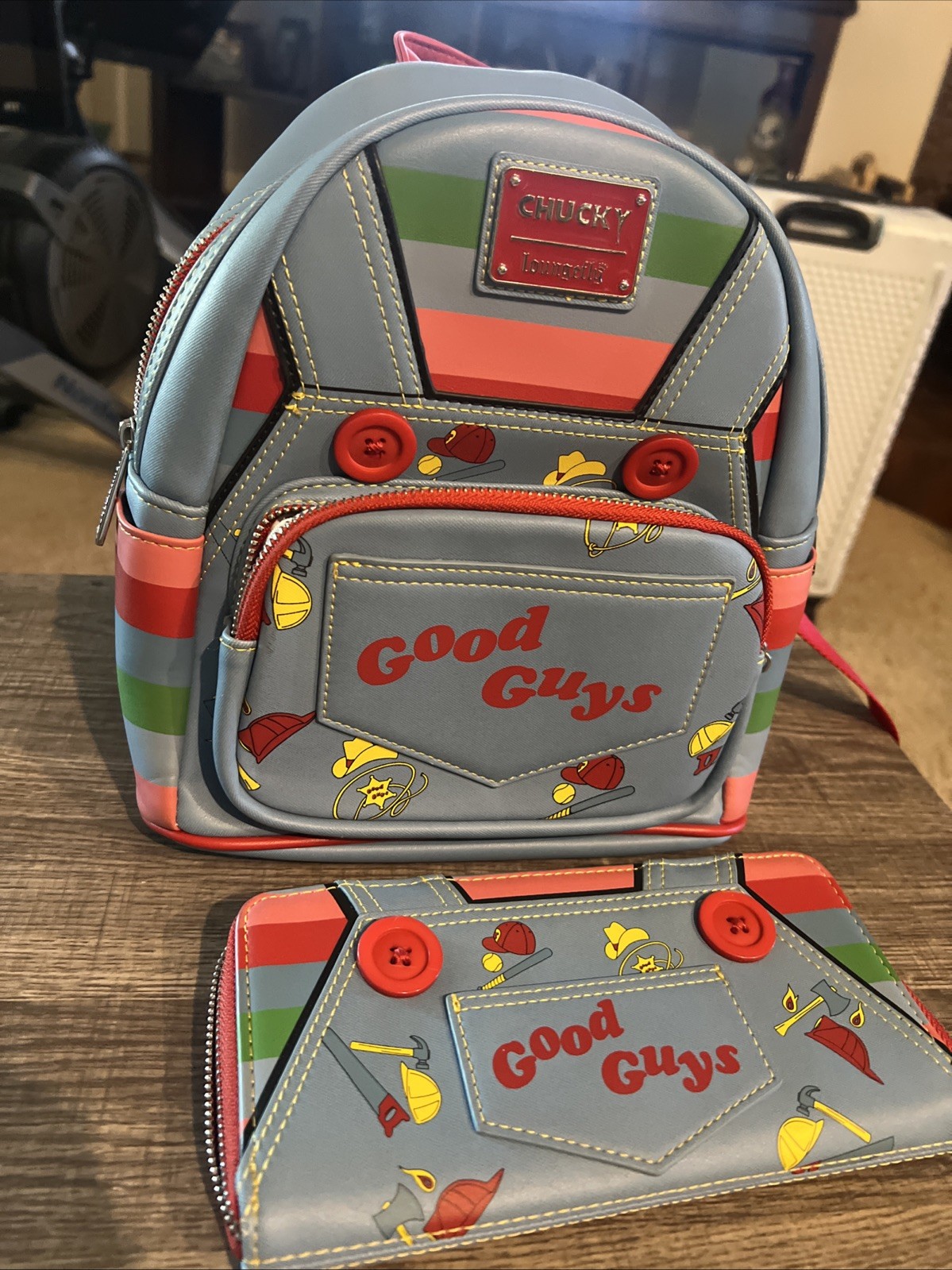 Loungefly Child’s Play Chucky Cosplay  Good Guys Overalls Mini Backpack & Wallet