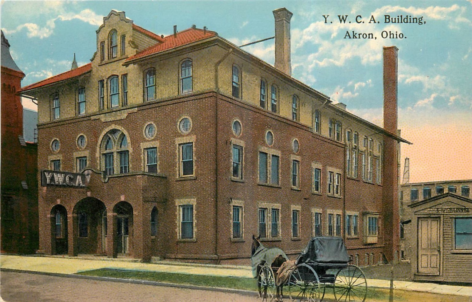 Y.W.C.A. Building Akron Ohio Postcard c.1910s Horse & Buggy Schartenberg Y.W.C.A. Building Akron Ohio Postcard c.1910s Horse & Buggy Schartenberg