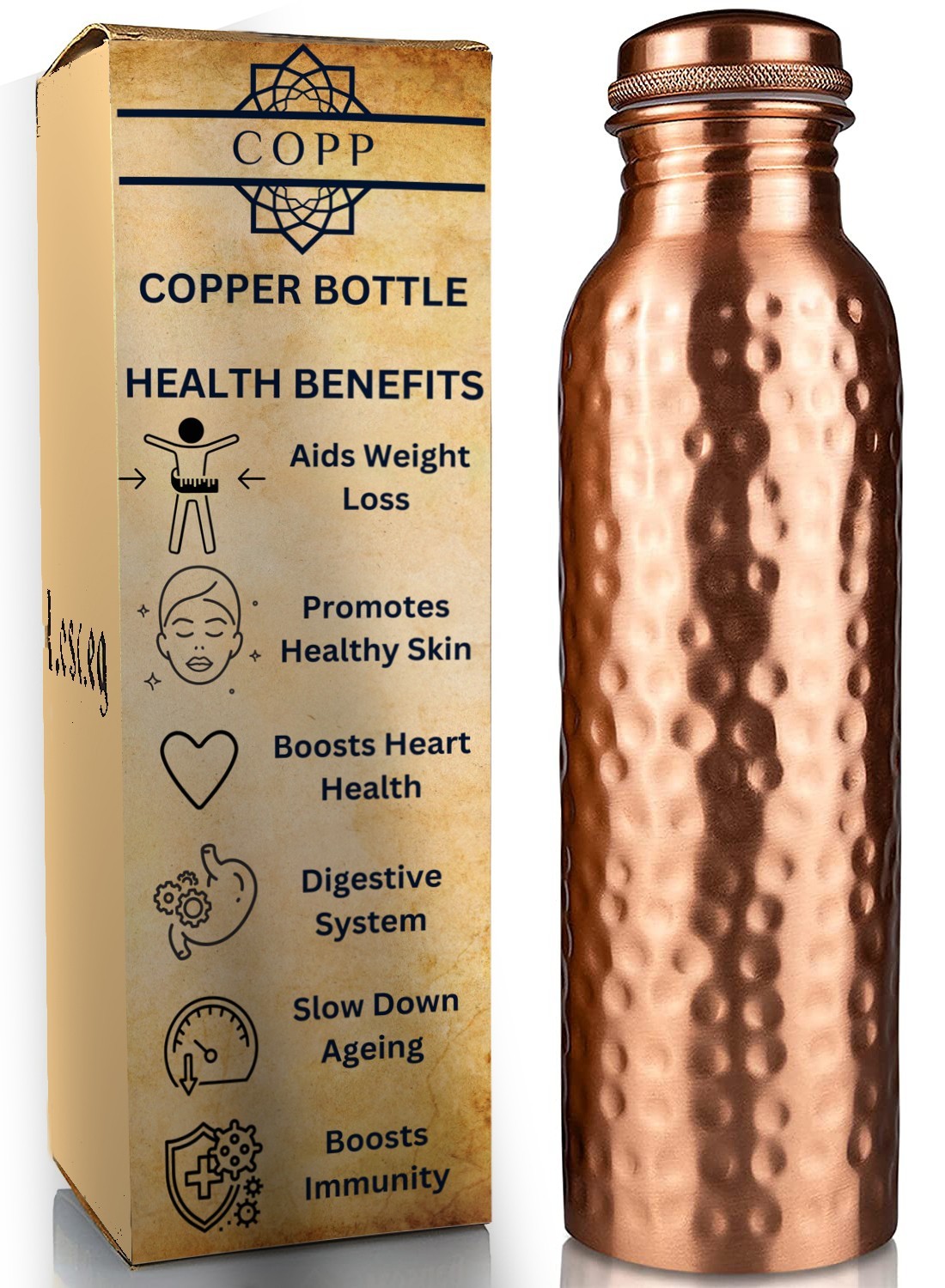 34oz Pure Copper Water Bottle - Handmade Hammered Finish - Ayurvedic Health USA
